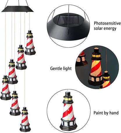 Lighthouse Solar Windchimes Outdoor Lighthouse Decorative Wind Chimes Solar Hanging Lighthouse Outdoor Garden Lighthouse（Red）
