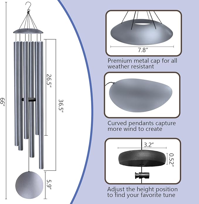 66" Wind Chimes for Outside Deep Tone - 6 Thicken Tubes Large Wind Chimes for Outdoor, Gifts for Valentines Day, Women, Mom, Grandma, Sympathy, Big Windchimes for Garden and Patio (Dusty Blue)