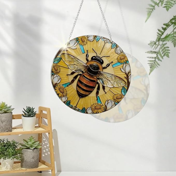 Bees Acrylic Suncatcher for Window Hanging, Indoor Window Wall Art, Hand-Painted Sun Catcher Garden Hangings, Mother's Day Birthday Gifts for Women Friends Mom and Nana
