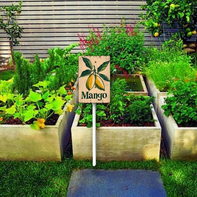 Uptell Vintage Aluminum Mango Fruit Signs Yard Sign with Stake for Garden Fruit Garden Label Stakes Plant Markers for Outdoor Plants Waterproof 7x8.8 inch