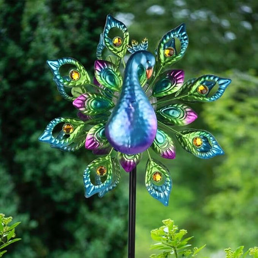 Peacock Solar Wind Spinner, 62Inch Double Wind Sculpture with Color Changing LED Light, Wind Sculptures & Spinners Outdoor Metal Stake Yard Spinners
