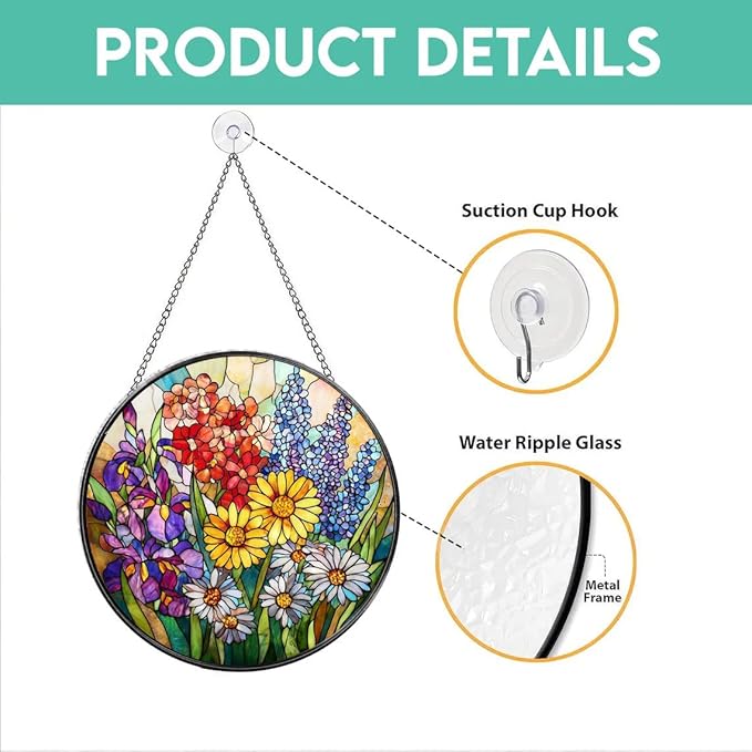 Stained Glass Window Hanging Sun Catcher 7.8 in, Colorful Wildflowers Glass Panel Suncatcher Indoor Window Decor Gift for Women, Men, Wife, and Mom
