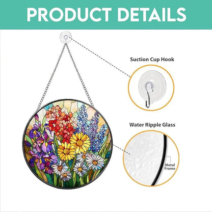Stained Glass Window Hanging Sun Catcher 7.8 in, Colorful Wildflowers Glass Panel Suncatcher Indoor Window Decor Gift for Women, Men, Wife, and Mom