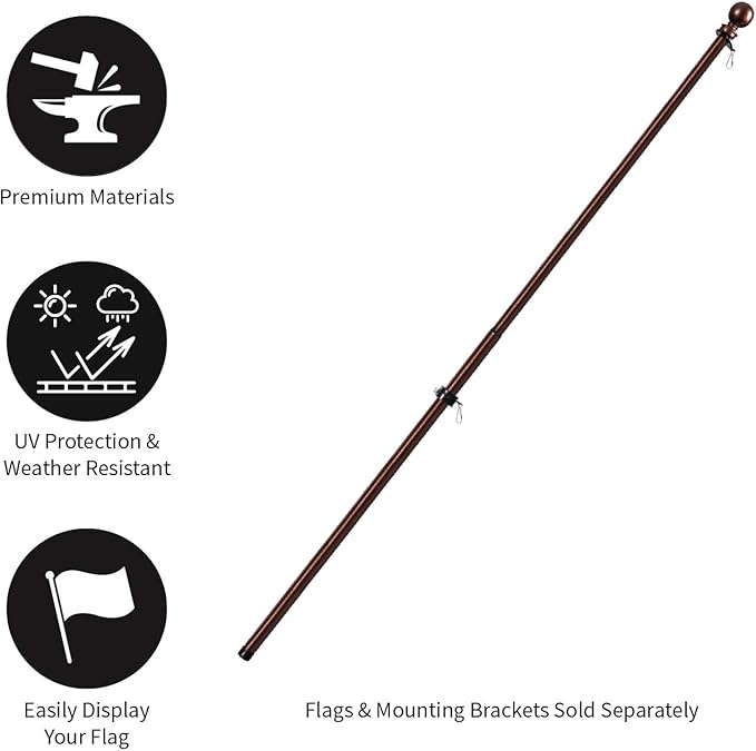 Evergreen Flag Telescoping 5ft Metal Flag Pole | Incl Two Tangle-Free Ring Clips | Bronze | Wall Mounted for Home Garden Outdoor | House and 3'x5' American Flags with Pole Sleeve or Grommets