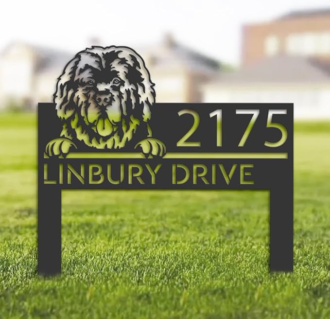 Newfoundland Dog Welcome Metal Address Sign House Number Newfoundland Dog Sculpture Plaque Newfoundland Dog Stake Sign for Park Yard Lawn Courtyard Patio Ranch Farmer Gardening Gift.