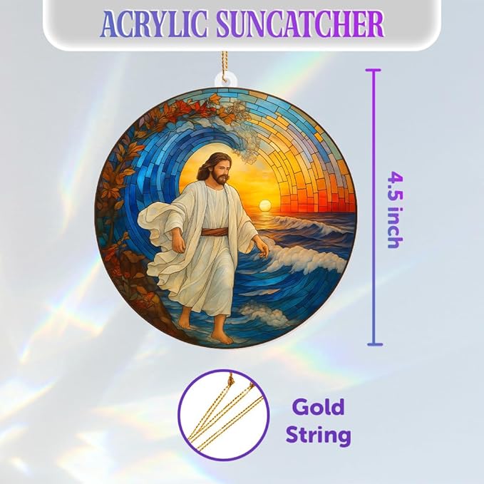 Stained Glass Jesus Walking on Water Christmas Tree Ornament – Acrylic Sun Catcher Window Hanging, Christian Religious Decor, Inspirational Gift for Men & Women, Car Rearview Mirror Charm(Sun-30)