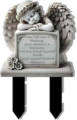 Garden Angel Statue, Angel Tombstone Commemorative Plaque, Memorial Plaque with Sleeping Angel Garden Statue, Sympathy Gift Human Memorial Gifts, in Memory of Loved One, Bereavement Gifts
