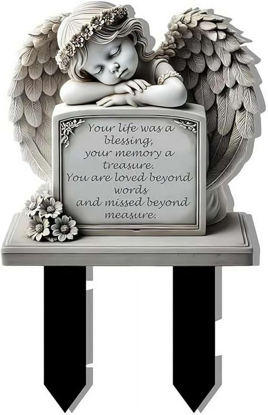 Garden Angel Statue, Angel Tombstone Commemorative Plaque, Memorial Plaque with Sleeping Angel Garden Statue, Sympathy Gift Human Memorial Gifts, in Memory of Loved One, Bereavement Gifts