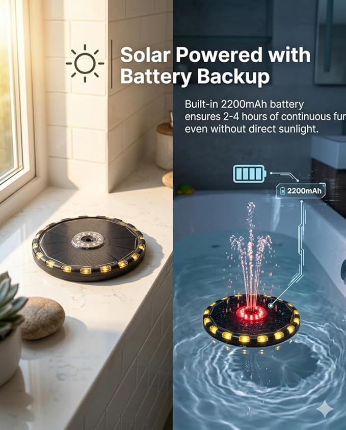 Solar Powered Water Fountain for Kids Bath, Multiple Spray Patterns, Floating Pump, PP, Weather Resistant, for Tub and Garden