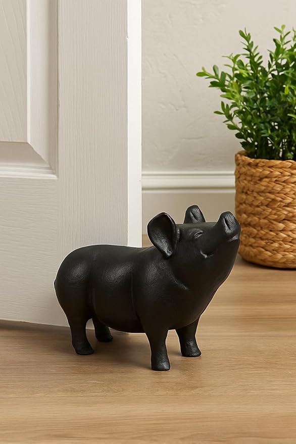 NACH Cast Iron Pig Statue - Black Door Stopper/Paperweight, Rustic Garden Decor, 9.2x3.7x5.9 Inch, Black Head Up Pig