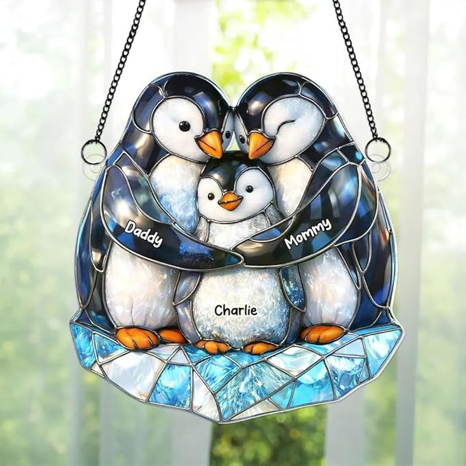 Personalized Penguin Family Acrylic Sun Catcher Ornament Gift for Grandma Mom Dad Grandpa, Custom Kids Names Window Decor, Mothers Day Birthday Gifts for Mimi Nana Papa from Grandkids