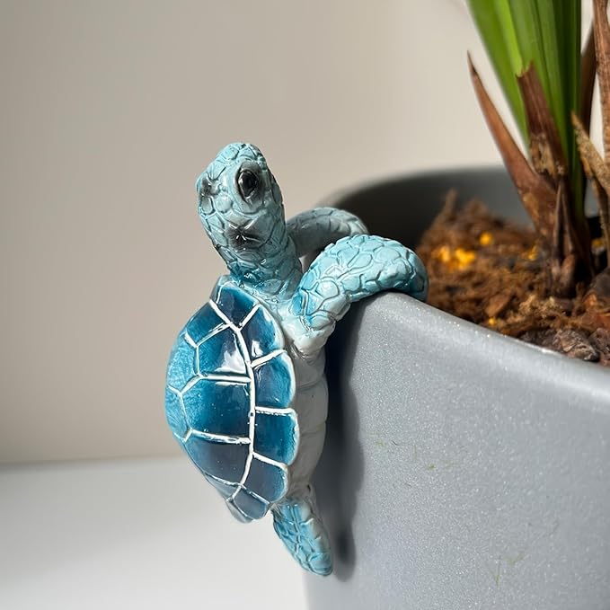Cute Climbing Tortoise Flower Pot Hugger Figurines Resin Hanging Turtle Statue Planter Pot Decorations for Home Garden Fence Balcony Patio Lawn Yard Ornaments (Blue Sea Turtle)
