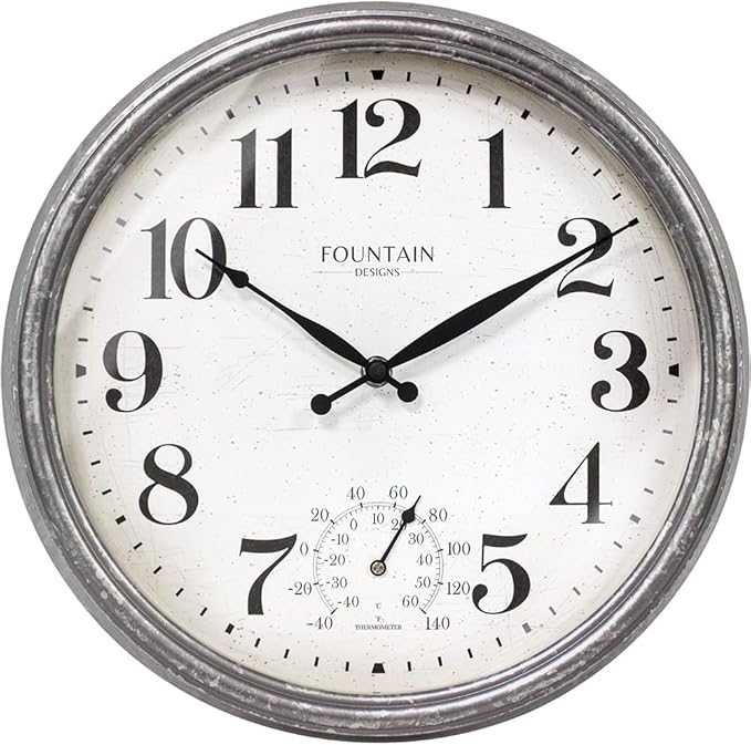 Maison in/Outdoor Clock with Thermometer, 2 in One Weather Station (Weather Thermometer/Wall Decoration) (Galvanized, 13 inch)