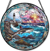 Stained Glass Window Hanging - Sunset Ocean Whale Sun Catchers Indoor Stained Glass Panels Wall Decor for Mom Wife Lovers Festive