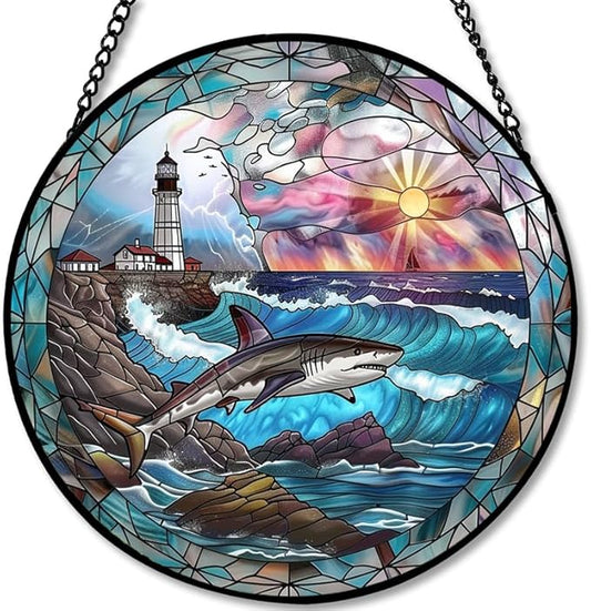 Stained Glass Window Hanging - Sunset Ocean Whale Sun Catchers Indoor Stained Glass Panels Wall Decor for Mom Wife Lovers Festive