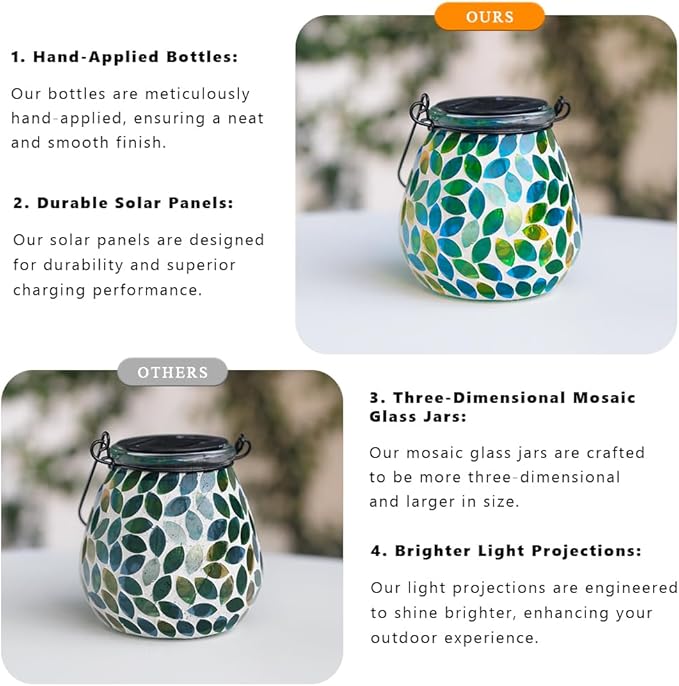 Starsoul 2 Pack Solar Lanterns Outdoor Waterproof, Unique Green Mosaic Glass Solar Garden Lights, Decorative Outdoor Lantern for Outside Patio Pathway Porch Yard Table