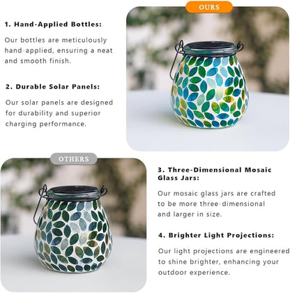 Starsoul 2 Pack Solar Lanterns Outdoor Waterproof, Unique Green Mosaic Glass Solar Garden Lights, Decorative Outdoor Lantern for Outside Patio Pathway Porch Yard Table