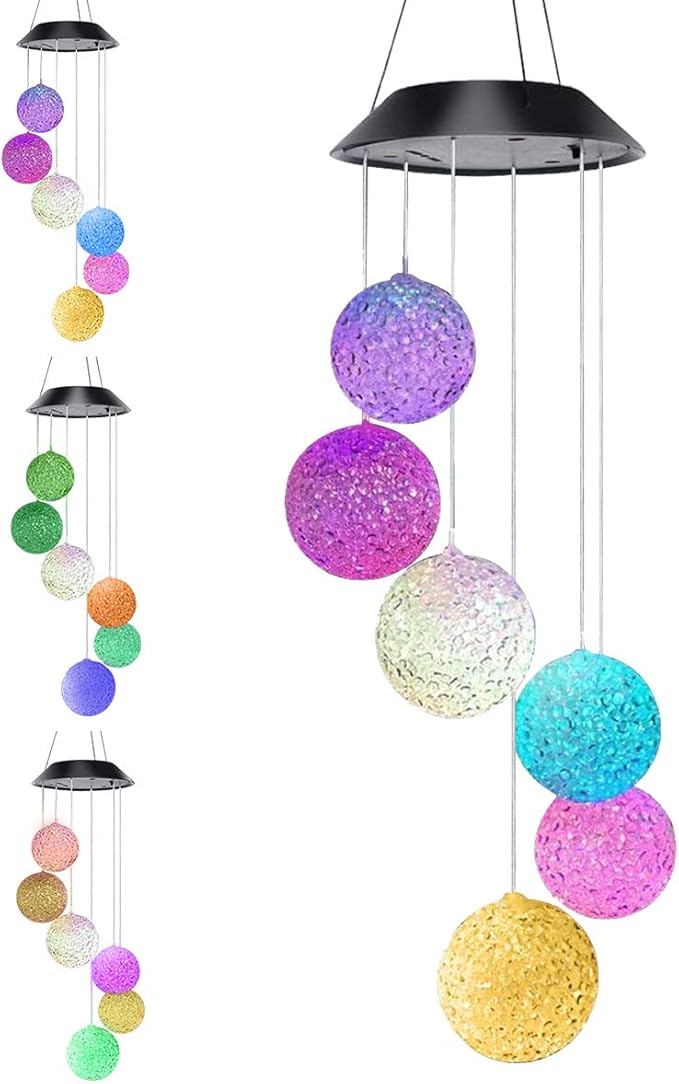 Color Changing Crystal Ball LED Light Solar Powered Wind Chime Waterproof Hanging Solar Mobile Lamp for Patio Yard Garden Home Decoration