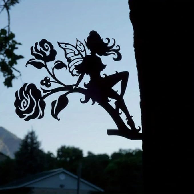 Iron Art Fairy on Branch Steel Silhouette Metal Wall Art Home Garden Yard Patio Outdoor Statue Stake Decoration