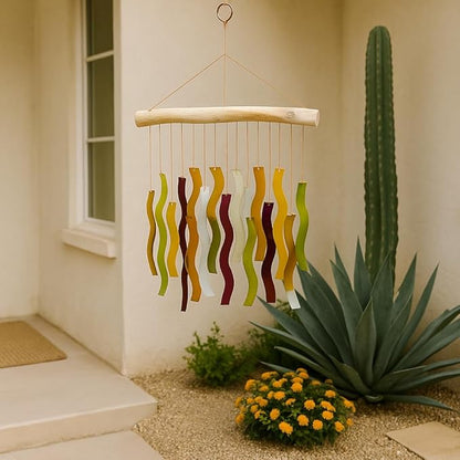 OMA Glass Wind Chime – Handmade Recycled Glass & Driftwood Chime for Garden Patio Decor – Multi Color Hanging Chime for Garden, Patio Or Indoor Decor Sun Catcher Gift - Large 20"