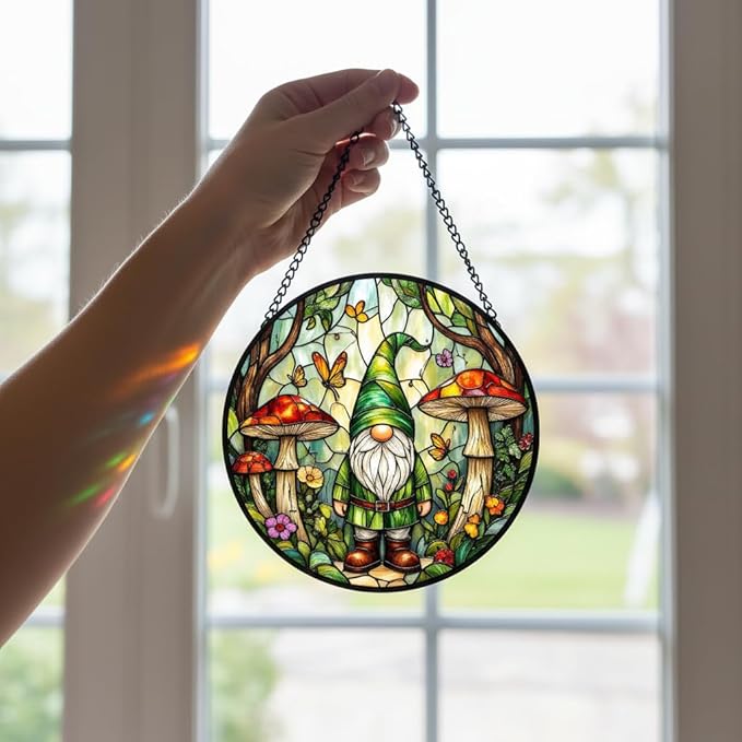 Gnome Stained Glass Suncather for Window Hanging with Mushroom & Butterfly, 9'' Forest Gnome Ornament Gift for Women, Whimsical Home Decor Gifts for Mom Grandma (Green Gnome, 9'')