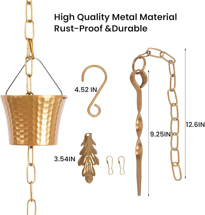 Rain Chain for Outside with Adapter,Wrought Iron Rain Chains Set 8.5 Ft,Not Rust, Gotta Drain with Metals Anchoring Stake, 14 Cups, 1 Hook, Adjustable Gutter Downspout for Outdoor(Gold)
