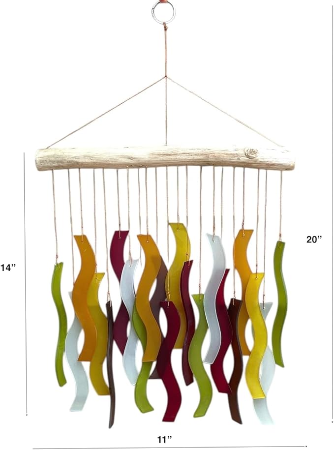 OMA Glass Wind Chime – Handmade Recycled Glass & Driftwood Chime for Garden Patio Decor – Multi Color Hanging Chime for Garden, Patio Or Indoor Decor Sun Catcher Gift - Large 20"