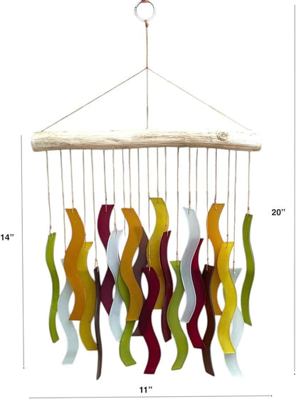 OMA Glass Wind Chime – Handmade Recycled Glass & Driftwood Chime for Garden Patio Decor – Multi Color Hanging Chime for Garden, Patio Or Indoor Decor Sun Catcher Gift - Large 20"