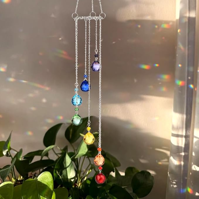 Rainbow Suncatcher Crystal Sun Catcher Colorful Prisms Wind Chime Garden Suncatchers for Windows Hanging Crystals Sun Catchers Wind Chimes for Outside Stained Glass Window Hanging Decor Windchimes