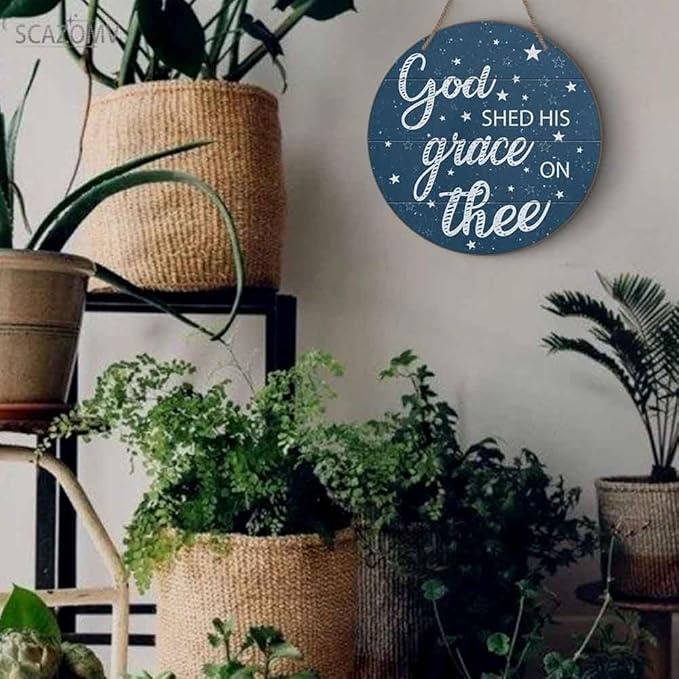 God Shed His Grace On Thee Round Rustic Wood Sign Plaque Vintage Wall Door Art Sign Cute Wooden Hanging Sign Decor for Home Kitchen Farmhouse Garden Front Door Entryway Porch Yard 12 Inch