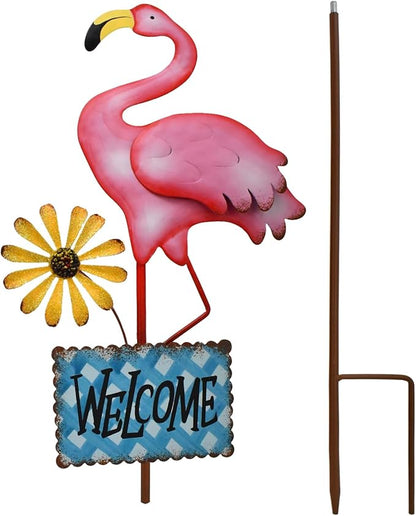Metal Flamingo Garden Stakes Welcome Yard Sign Decorative Pink Flamingos Ornament Indoor Outdoor Party Stake Lawn Art Patio Backyard Flower Bed Decor (Blue, L)