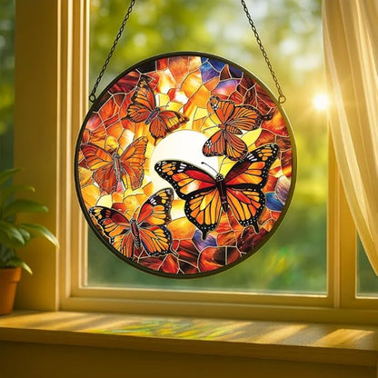 Stained Glass Window Hanging - Dragonfly in Garden 9.8in Sun Catchers Indoor Stained Glass Panels Wall Decor for Mom Wife Lovers Festive