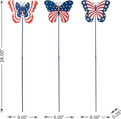 Glitzhome 24" H Patriotic Metal Butterfly Yard Stakes,Set of 3 Butterflies Hanging Ornaments Americana 4th July Garden Yard Signs Independence Day Indoor Outdoor Wall Decorations