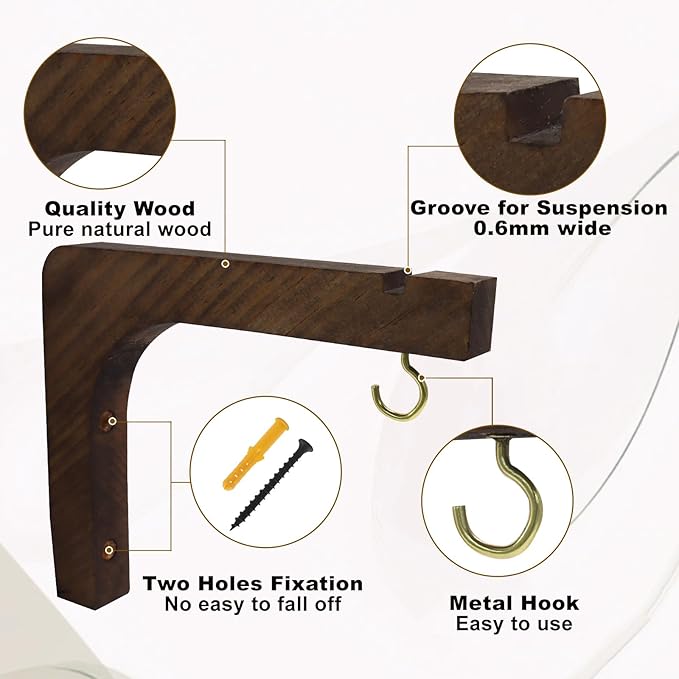 2 Pack Wooden Wall Hooks, 6 Inch Plant Hanger Wall Mounted Hanging Hooks Outdoor Hanging Shelves for Lanterns, Bracket, Wind Chimes, Patio Garden Decoration, Walnut Color