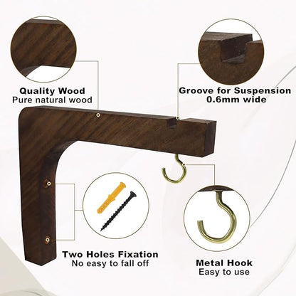 2 Pack Wooden Wall Hooks, 6 Inch Plant Hanger Wall Mounted Hanging Hooks Outdoor Hanging Shelves for Lanterns, Bracket, Wind Chimes, Patio Garden Decoration, Walnut Color