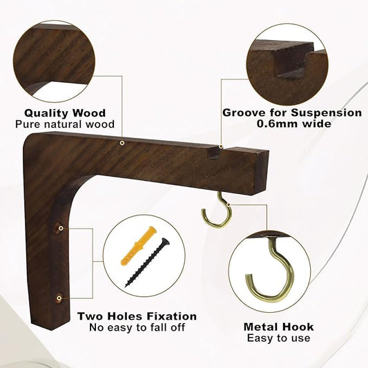 2 Pack Wooden Wall Hooks, 6 Inch Plant Hanger Wall Mounted Hanging Hooks Outdoor Hanging Shelves for Lanterns, Bracket, Wind Chimes, Patio Garden Decoration, Walnut Color