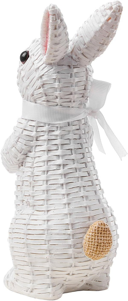 Rattan Rabbit Woven Rabbit Bow Resin Ornaments for Home Courtyard Lawn Tabletop and Easter Decoration to Enhance The Easter Atmosphere Preferred Easter Gifts (8.1in White Station)