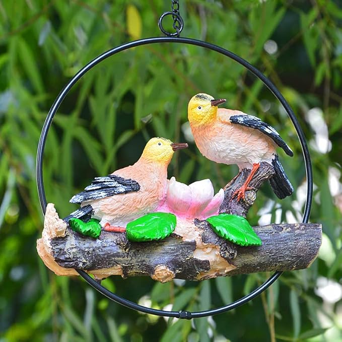 Mini Garden Statues Hanging Iron Ring Parrots, Resin Parrot Hanging Statue, Hanging Birds Figurine for Pathways Yard Patio Office Home Indoor Outdoor Tree Decorations (C-2)