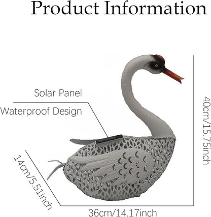 Large Swan Statue Garden Decor with Solar Powered Light, Hand-Painted Iron Art with Hollow Carved Design, Waterproof Outdoor Sculpture for Garden, Yard, Pond, Lawn and Pathway,Short