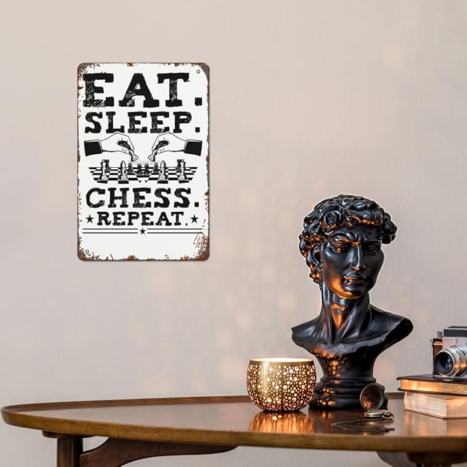 Retro Tin Signs Eat Chess Repeat Chess Player Fan 8x12 Inches Metal Wall Decor for Garden,Kitchen,Living Room,Patio,Office,Bathroom,and More! Vintage Funny Sign
