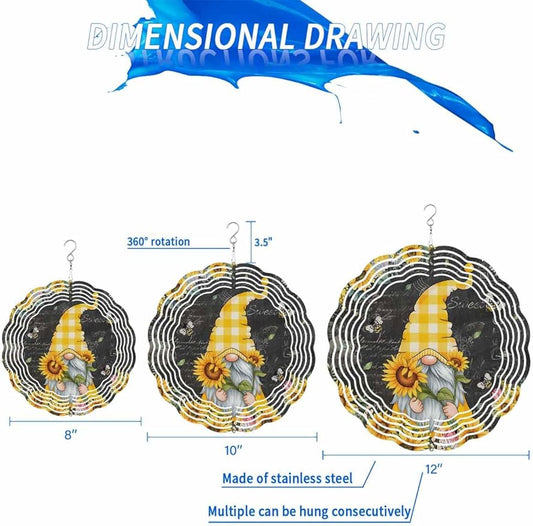 Gnomes Black Wind Spinners Outdoor Inoor, Decorative Hanging Round Ornaments for Yard Patio Garden, Yellow Sunflower Floral Bee Summer Spring Stainless Steel Metal Wind Sculpture Suspension Trim, 10"