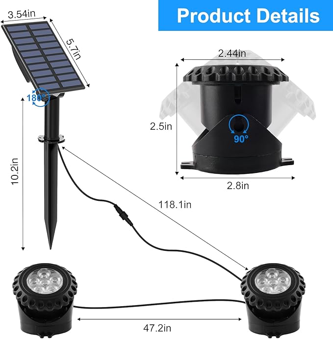 T-SUN Solar Pond Lights, 2 Headlamp RGB LED Spotlights, Underwater Submersible Fountain Lights Solar Fish Tank Light for Garden Fountain, Pond, Pool Decoration