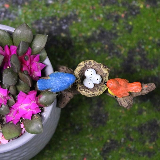 Miniature Birds Perched on Branch Flower Pot Hugger Figurines, Mini Resin Sculpture Outdoor Statues for Planter Pot Terrarium Fish Tank Edge Bonsai Crafts Decor Fairy Garden Accessories