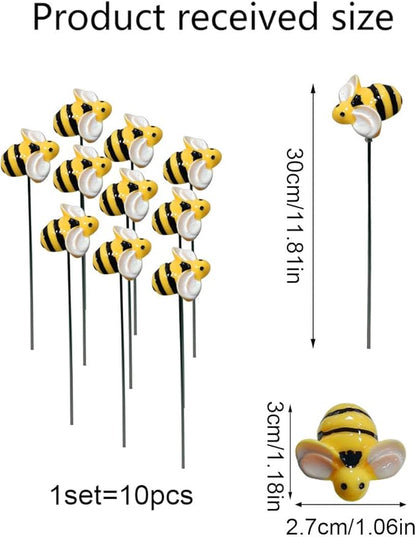 10Pcs Bee Garden Stakes Decor Metal Yard Art Ornaments Front Yard Art Stick Floral Picks Spring Summer Resin Bumble Bees Garden Stakes Outdoor Lawn Pathway Patio Plant Pot, Flower Bed Yellow