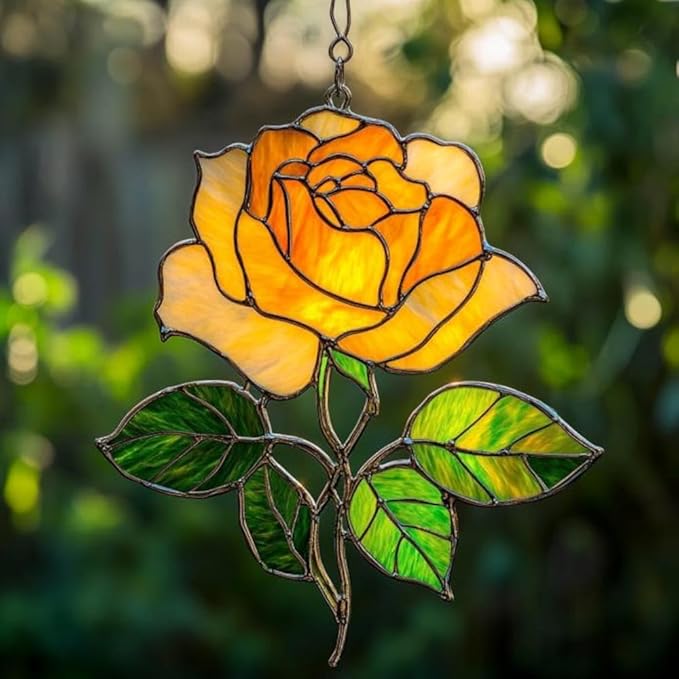 Yellow Rose Flower Handmade Resin Suncatchers, Artisan Sun Catcher, Stained Glass Effect, Flower Suncatchers for Window Hanging, Garden Decor, Gift for Mother's Day Mom Women Grandma Wife