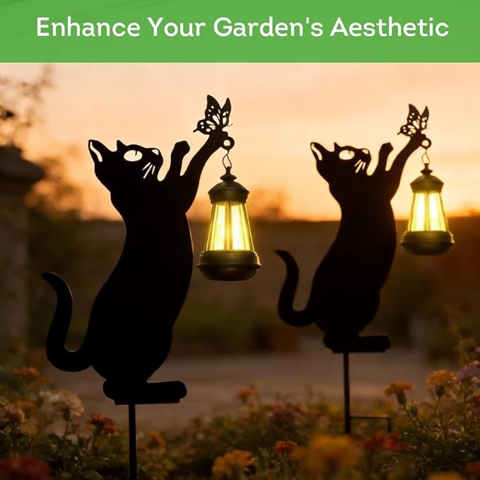 Lily's Home Black Cat Garden Decor with Solar Light Lantern - Outdoor Solar Lights for Pathway & Patio - Durable Waterproof Metal - Yard & Patio Decor - Unique Gift for Cat Lovers - 23’’ Tall