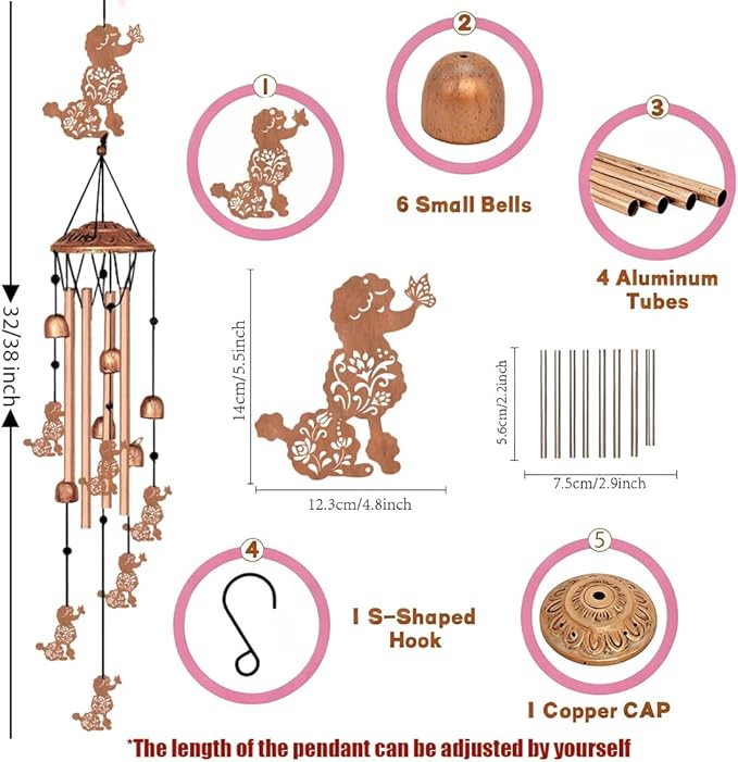 INFUNLY Poodle Wind Chimes for Outside Flowers Metal Wind Chime Aluminum Windchime Tubes Pet Dog Memorial Wind-Bell Retro Music Windchimes with Bells for Yard Garden Decor Housewarming Birthday Gift