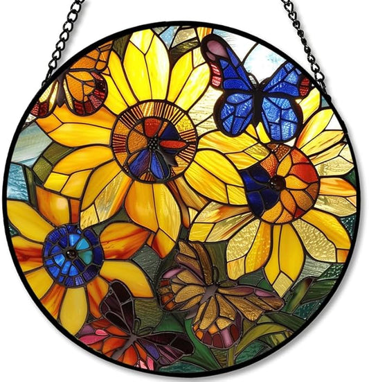 Sunflower and Butterfly Stained Glass Window Hanging Panel – Colorful Floral Suncatcher Wall Art for Home Window Decor and Gift