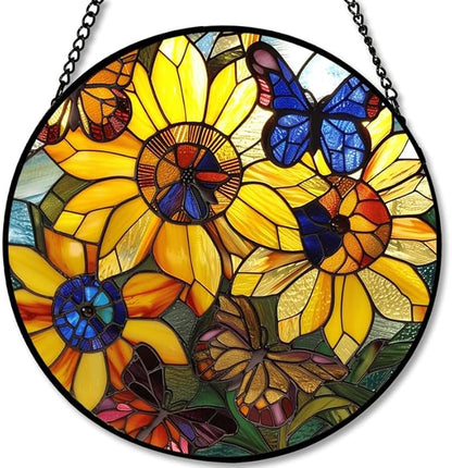 Sunflower and Butterfly Stained Glass Window Hanging Panel – Colorful Floral Suncatcher Wall Art for Home Window Decor and Gift