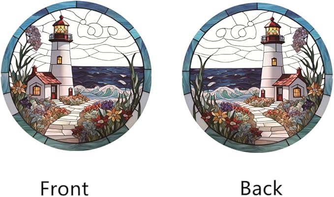 Lighthouse Stained Window Hangings with Chain– Acrylic Round Ornament for Garden, Patio and Indoor Decor, Housewarming Gift for Mom, Grandma